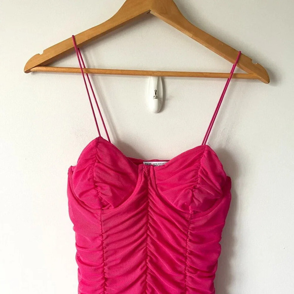 Zara Ruched Mesh Corset Mini Dress Hot  Pink Size Medium - Picture 4 of 6